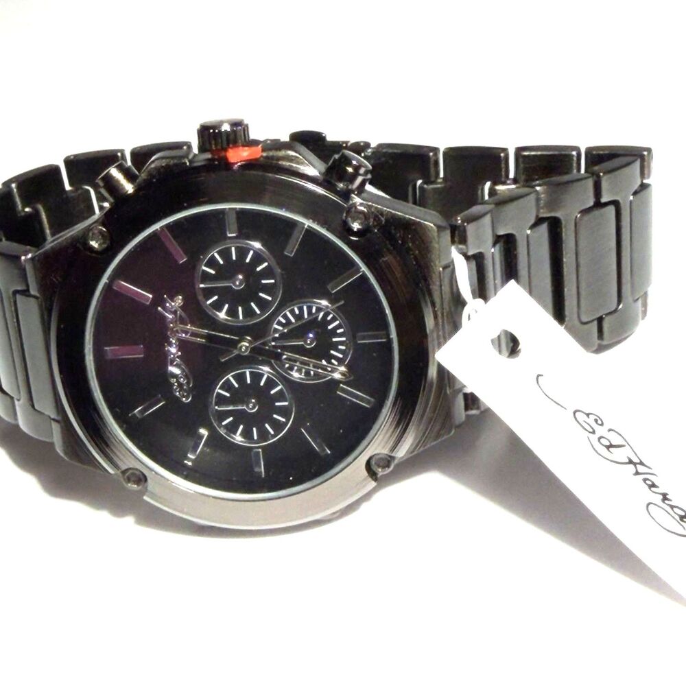 Ed Hardy Men's Chronograph Quartz Watch Black Dial Stainless Steel Gunmetal NWT